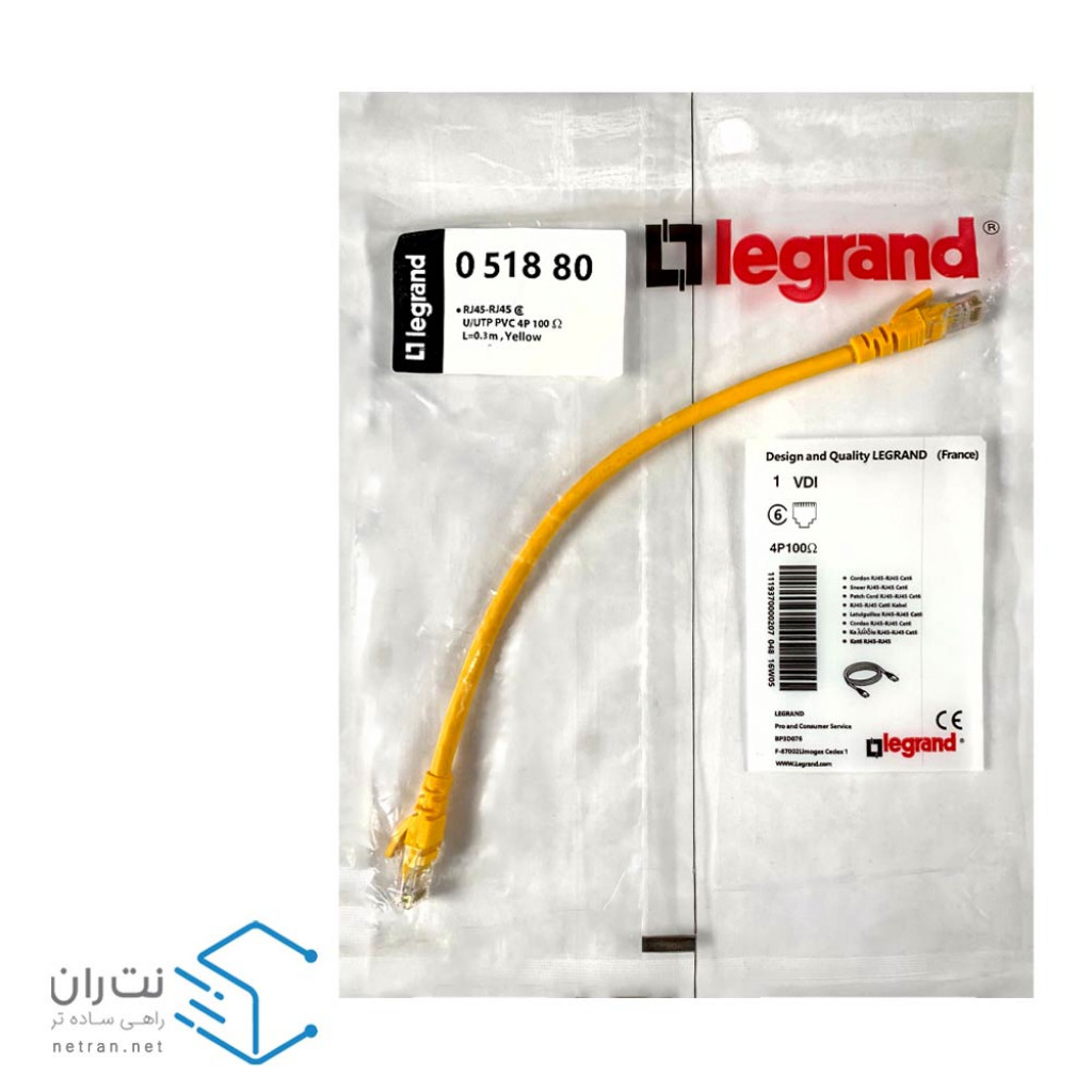 پچ کورد لگراند (کابل لن) Cat6 UTP روکش PVC زرد 30 سانتی متری
